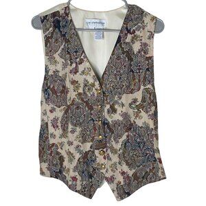 Liz Claiborne Collection Tapestry Vest Baroque Floral Gold Buttons 14 Vintage